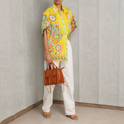 ALEMAIS pinball collared shirt yellow pure silk satin rolled sleeve with button and tab 