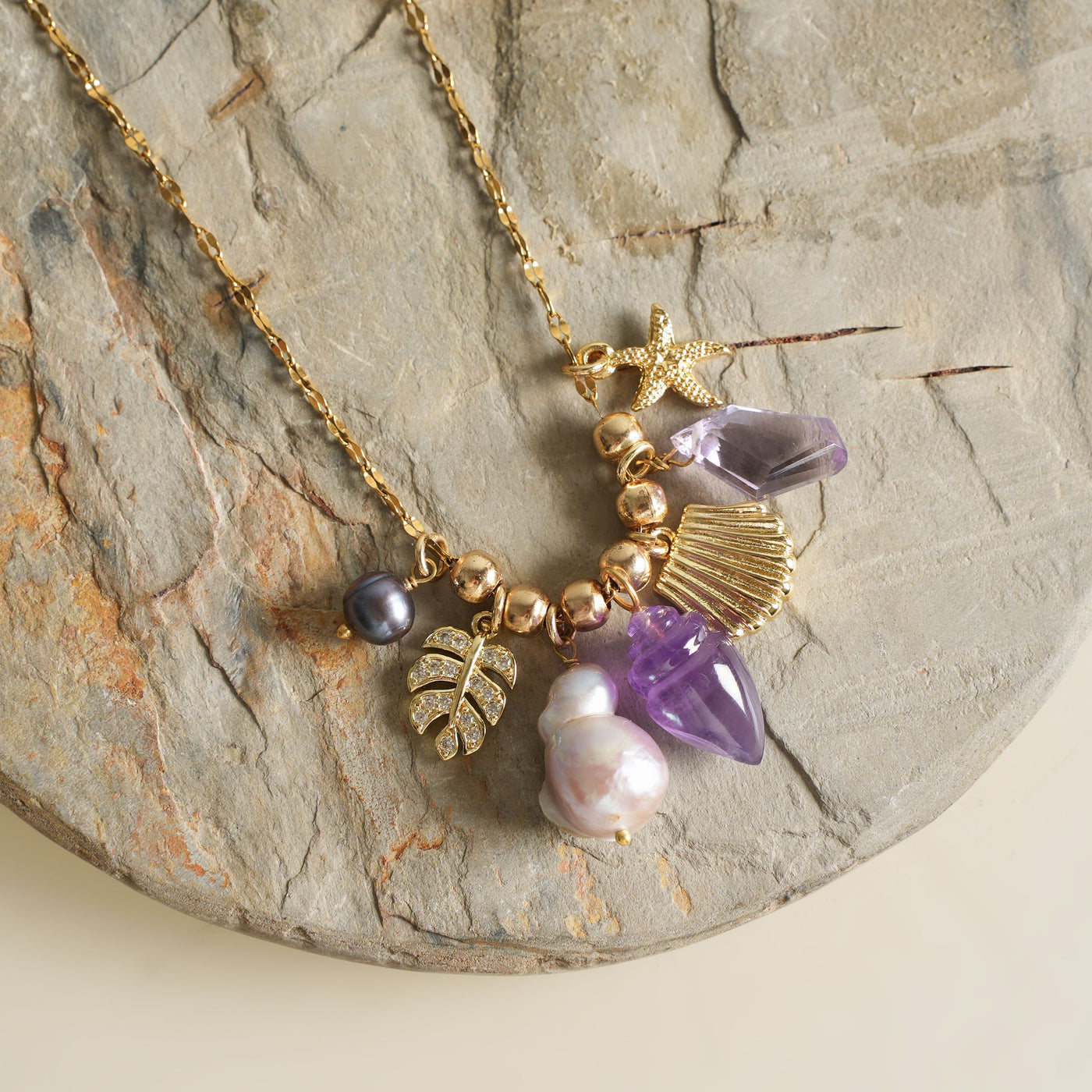 Aarelle Multicolor Amethyst Shell Cluster Necklace