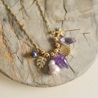 Aarelle Multicolor Amethyst Shell Cluster Necklace