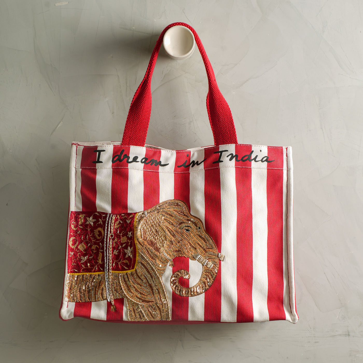 ART CHIVES INDIA Tara red striped elephant tote bag