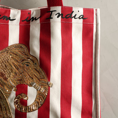 ART CHIVES INDIA Tara red striped elephant tote bag