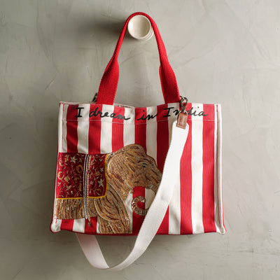 ART CHIVES INDIA Tara red striped elephant tote bag