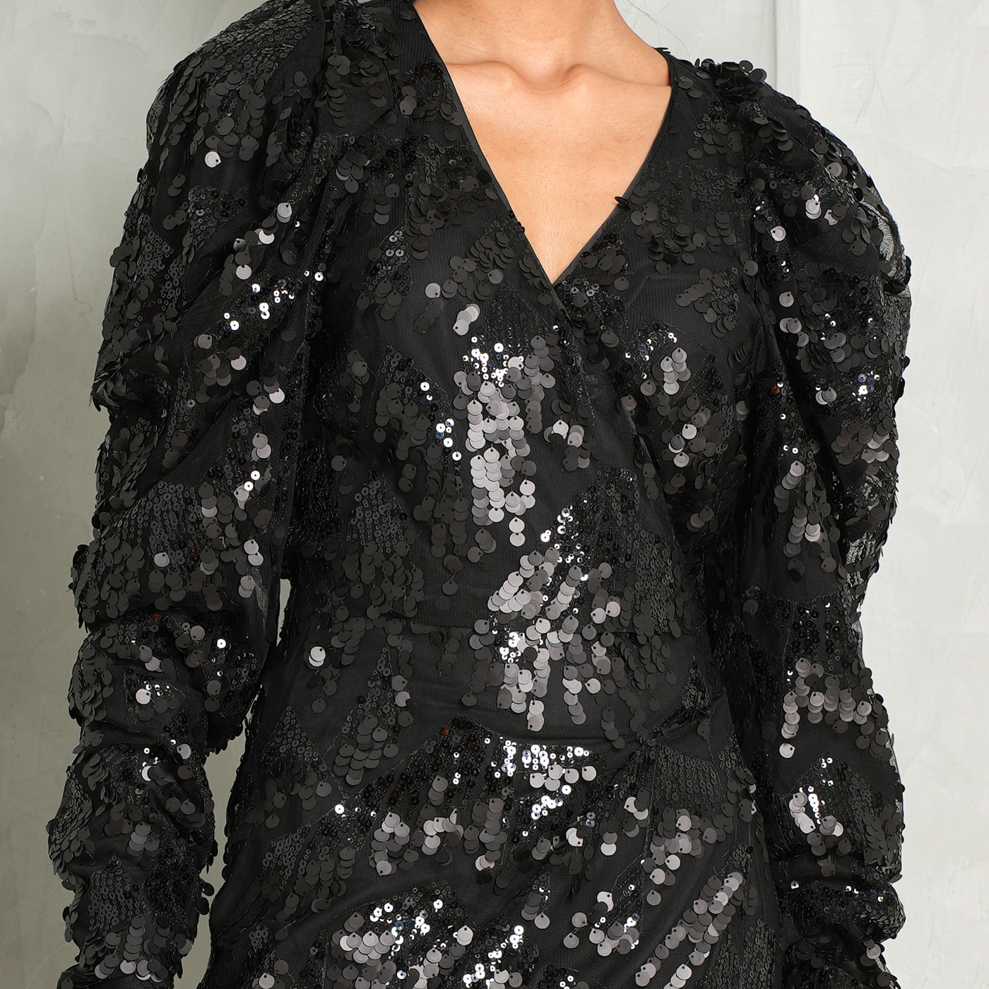 ROTATE BIRGER CHRISTENSEN black sequins puff sleeves midi wrap dress