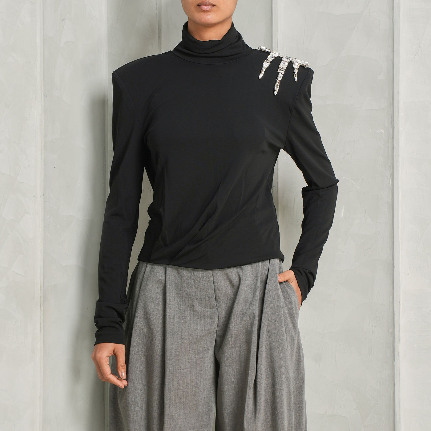 full sleeves crystal detailed black draped top