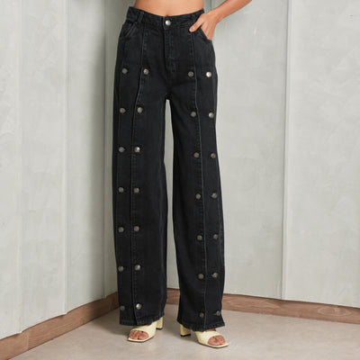 Button Detail Wide Jeans