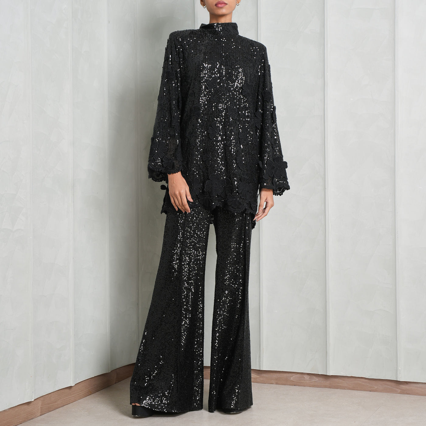 ELIE SAAB Embroidered black floral Sequins blouse