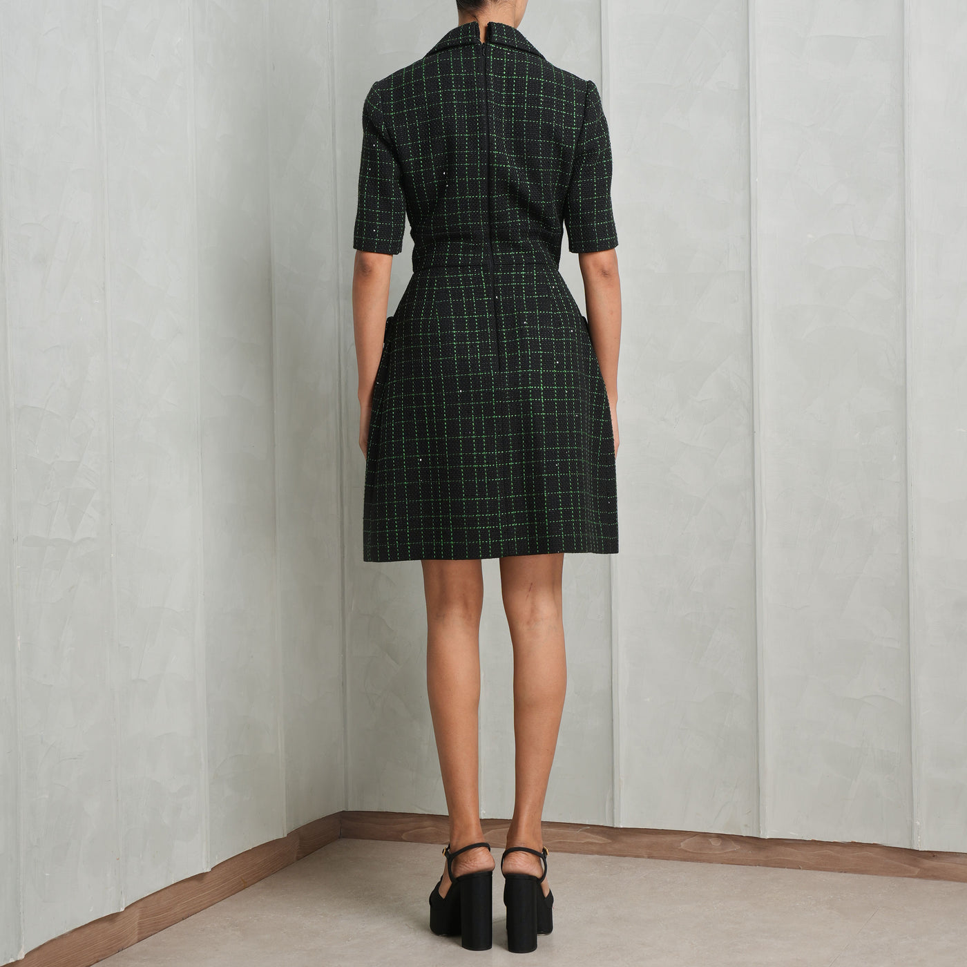 Elie Saab Tweed with Sequins Short Dress black and green mini dress