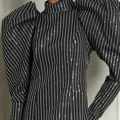 ROTATE BIRGER CHRISTENSEN Black Sequin striped Twill long sleeve Mini Dress