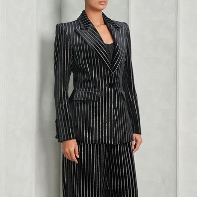 Alex Perry Crystal Single Breasted Blazer Pinstripes