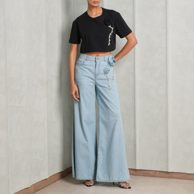 crystal rosete wide leg jeans