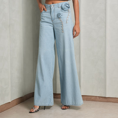 blue crystal rosete wide leg jean area le mill