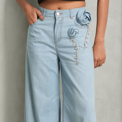 light blue jean rosete wide leg jean