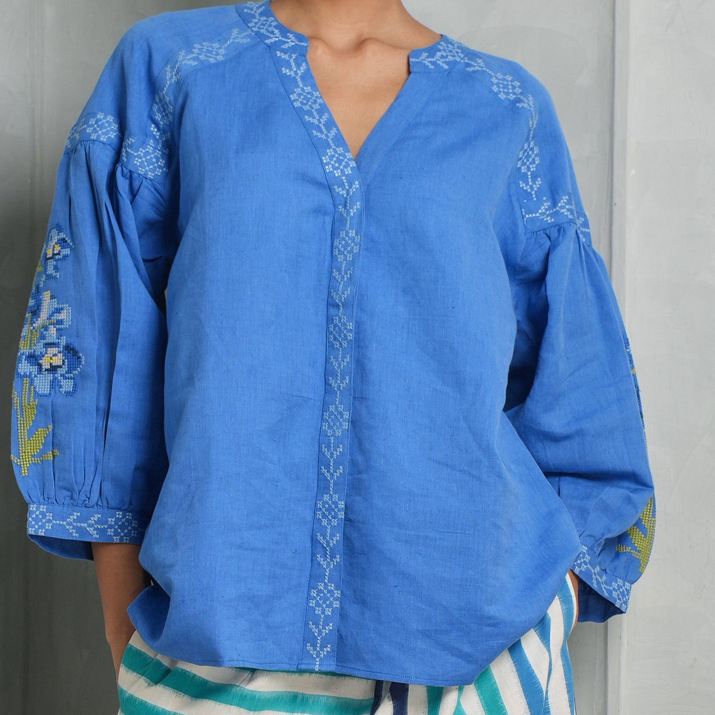 De Castro Royal Blue Linen Blouse