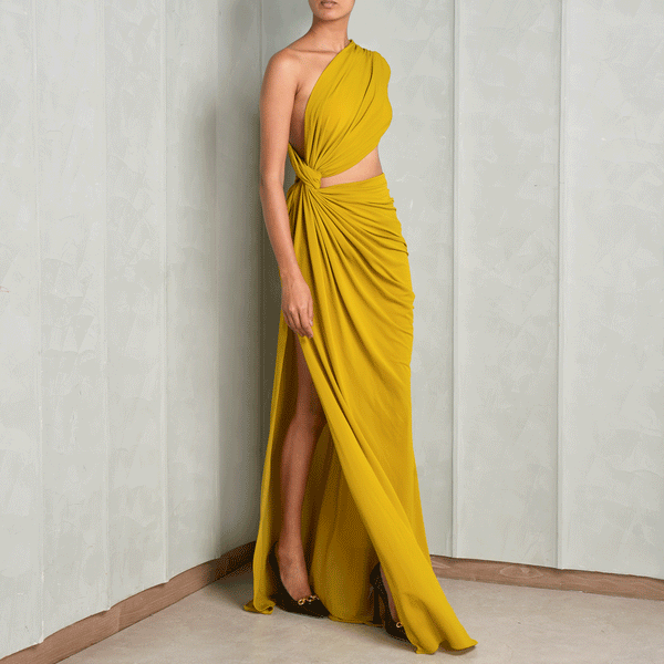 draped one shoulder gown