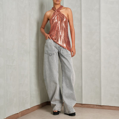 RABANNE Copper metallic draped halterneck top