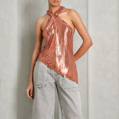 RABANNE Copper metallic draped halterneck top