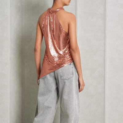 RABANNE Copper metallic draped halterneck top