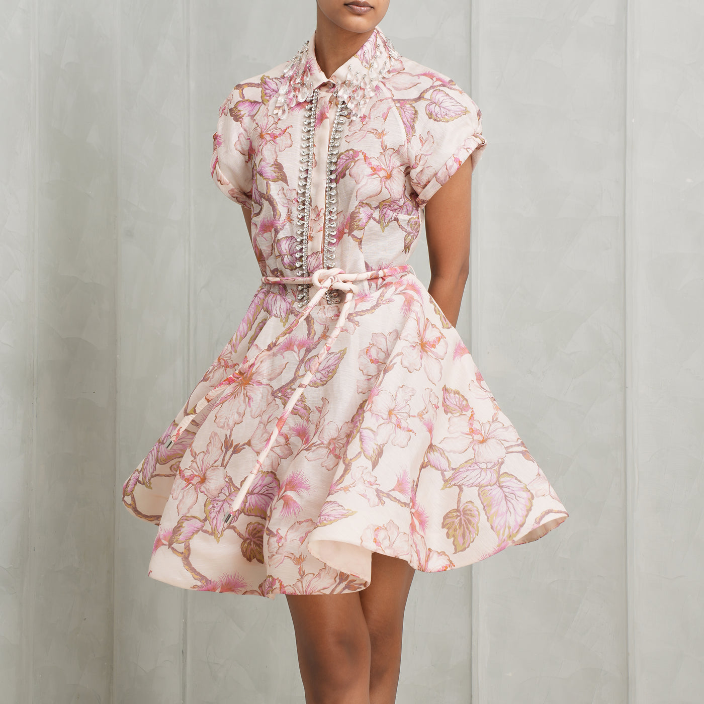ZIMMERMANN belted mini floral pink dress