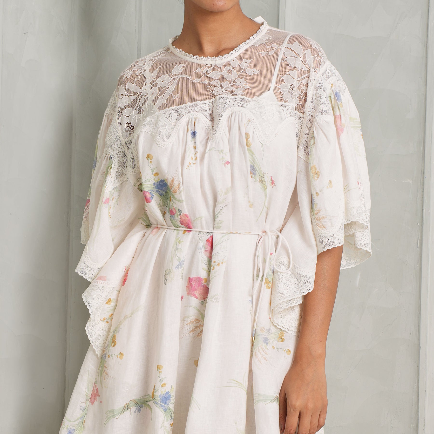 zimmermann lucky lace dress Zimmermann Lucky Lace Trim Floral Mini Dress Cream Bouquet US 10 Flutter Sleeve