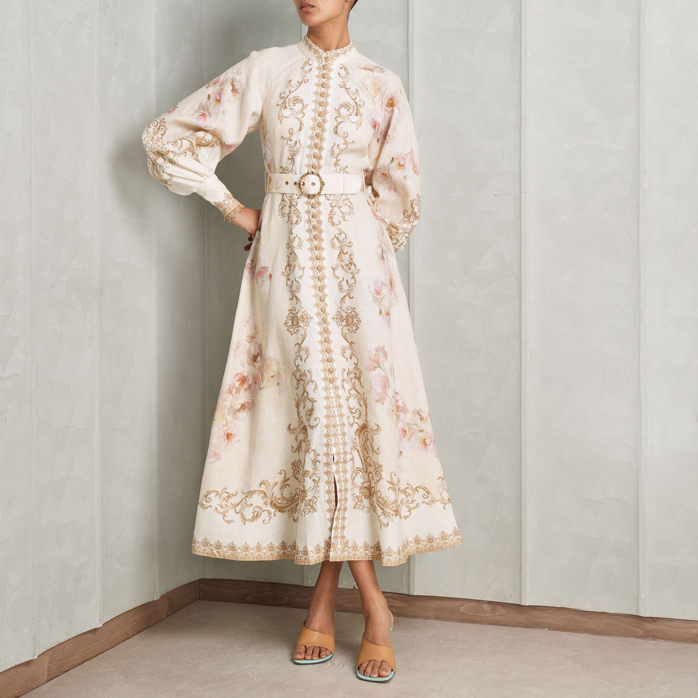 beige peony hypnotic button midi dress