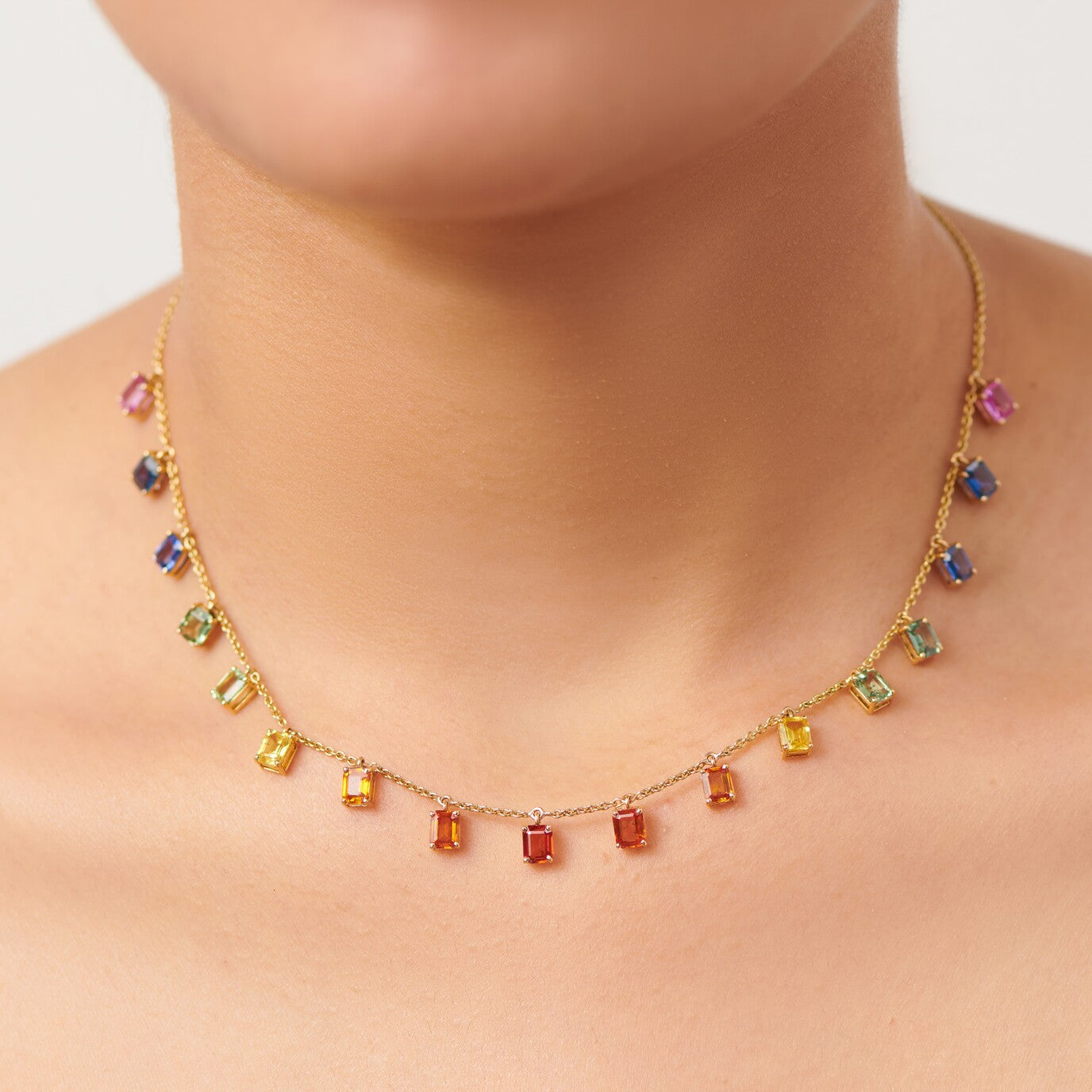 THE LINE Rainbow Sapphire Fringe Necklace (Emerald-cut)