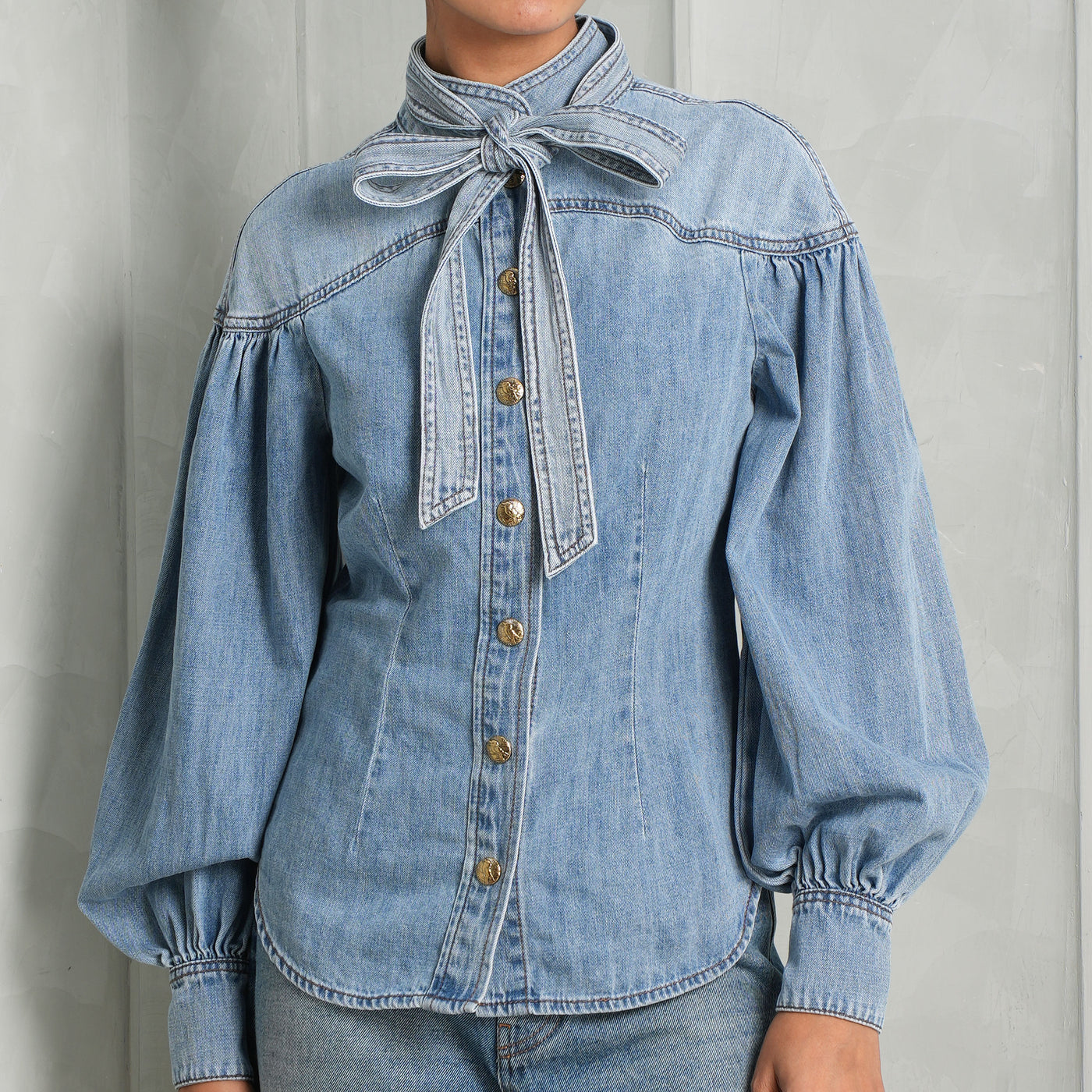 blue denim bow blouses
