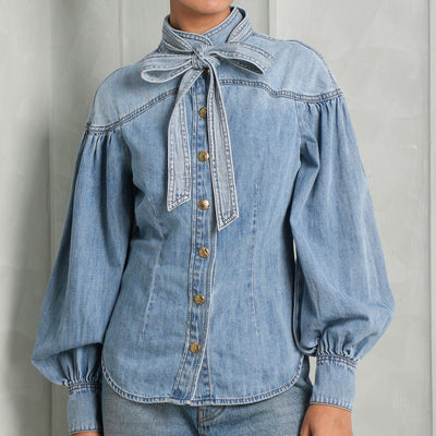 blue denim bow blouses
