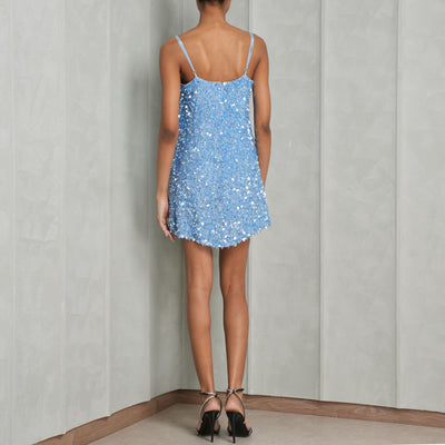 LESLIE AMON blue sleeveless embellished romy mini dress