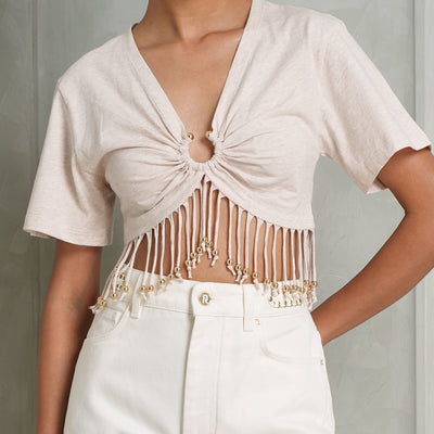 Rabanen Beige Beaded Fringe Top