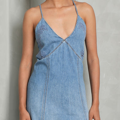 CHLOE flared denim dress strapless  long