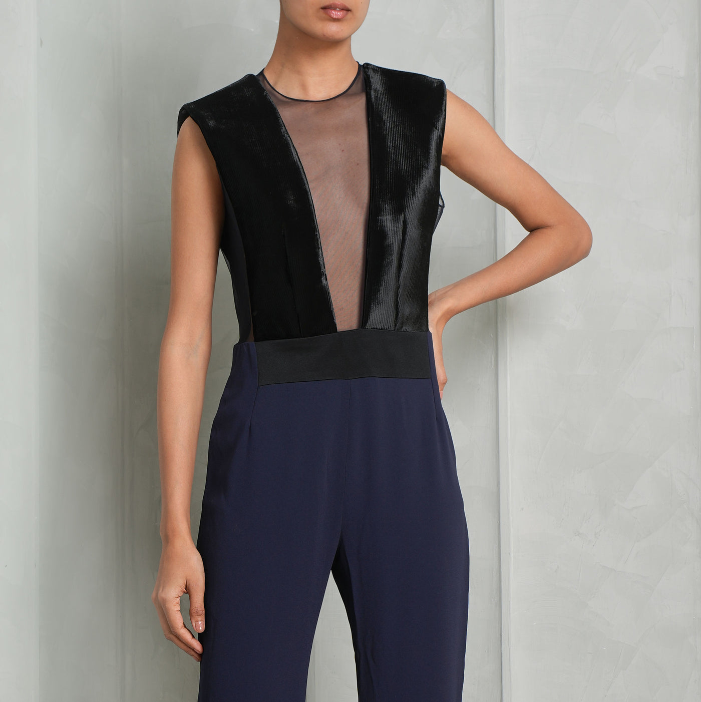 GALVAN LONDON high waisted black and blue jumpsuit