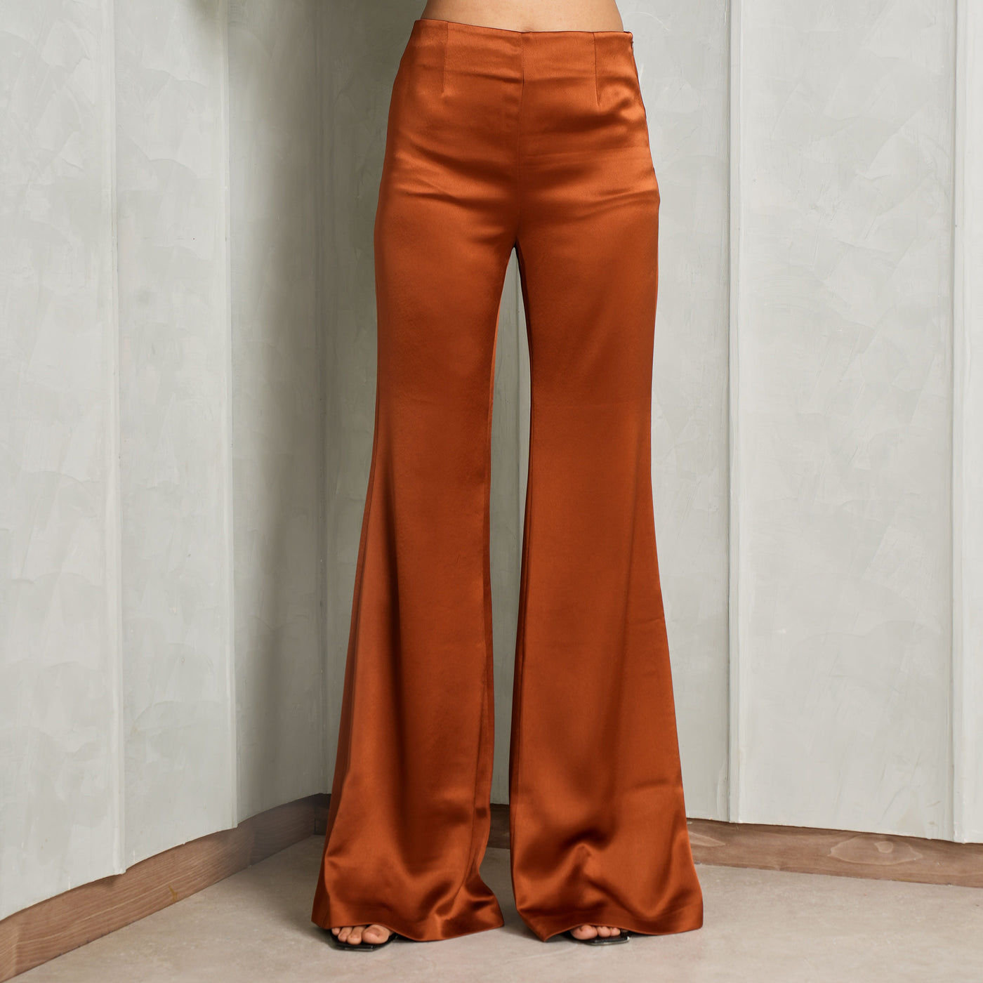 GALVAN Atruvia trousers bronze hued satin pants flared legs