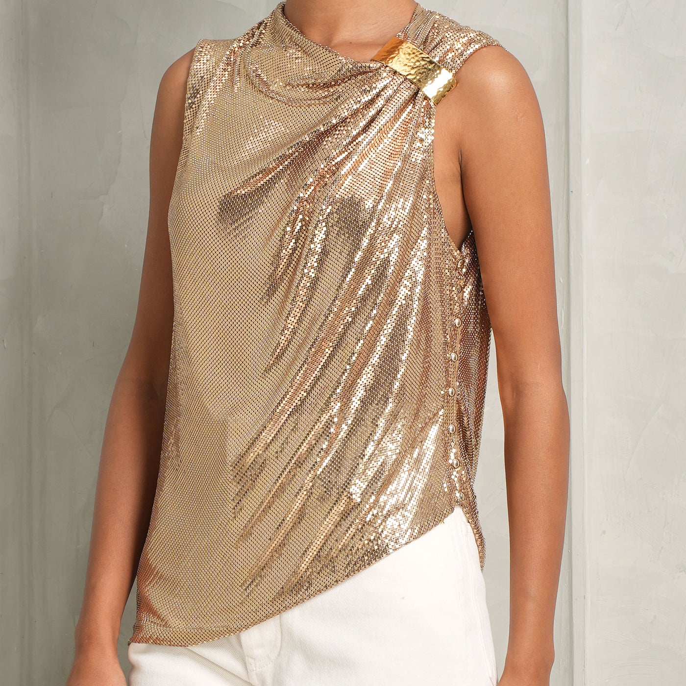 Rabanne Asymmetrical Draped Mesh Top Gold