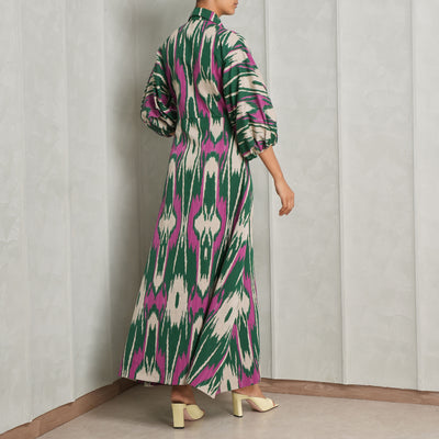 DE-CASTRO Jodhpur Maxi Dress Media prints green creme long designer 