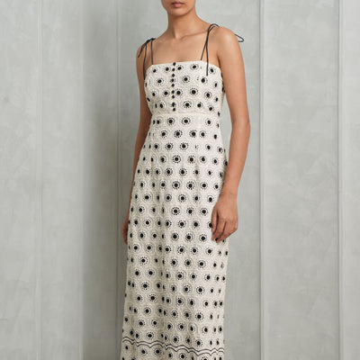 HESS Off white almas midi dress embroidered sleeveless