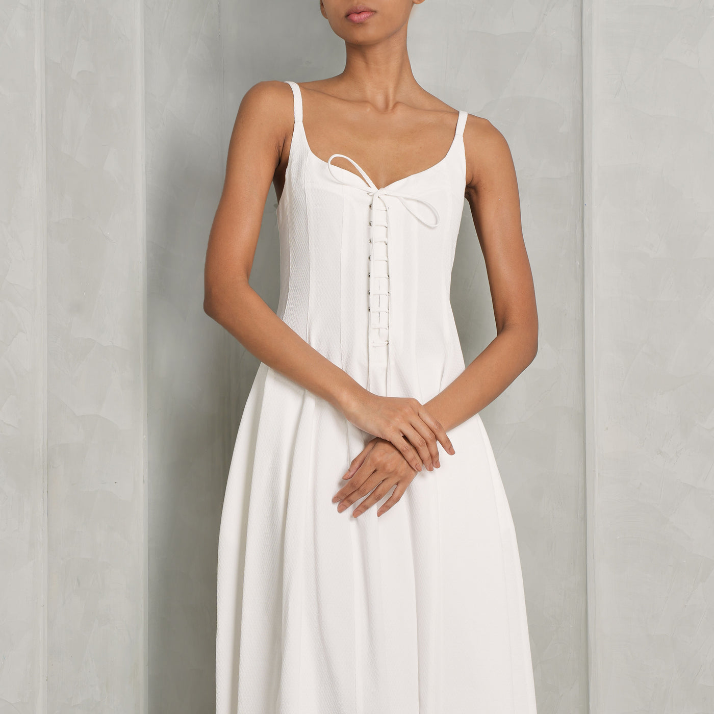 CHLOÉ white cotton sleeveless corseted lace up midi flared dress