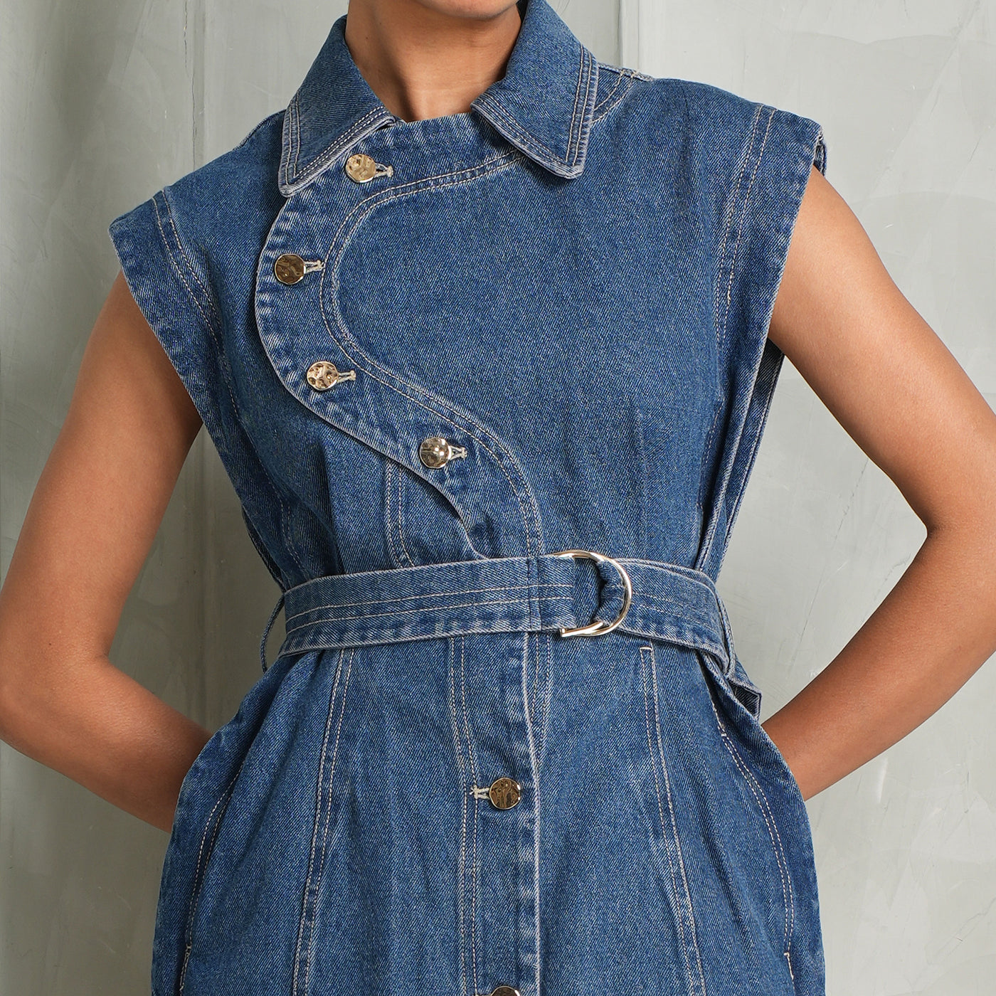 ACLER Glenfern Mini Dress denim shirt collared sleeveless blue cotton 