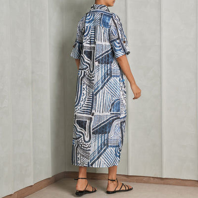 HAPPI SPACE honeydew kaftan dress cotton hakuba ink blue print relaxed fit with side slits 