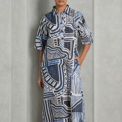 HAPPI SPACE honeydew kaftan dress cotton hakuba ink blue print relaxed fit with pockets