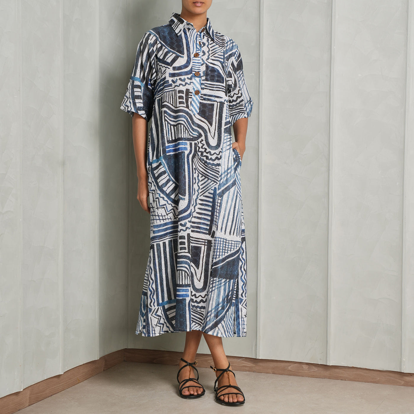 HAPPI SPACE honeydew kaftan dress cotton hakuba ink blue print relaxed fit