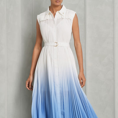 white and blue sleeveless pleated dress by acler