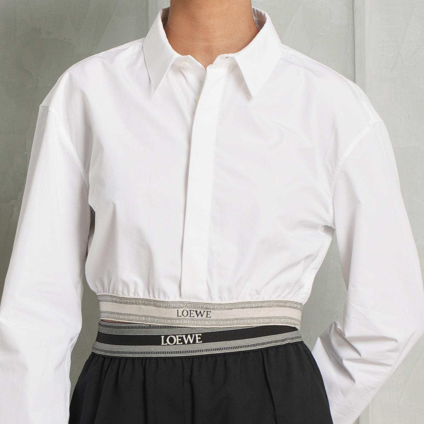 LOEWE Logo Belted Cropped shirt white long sleeves collared formal wear elastic band