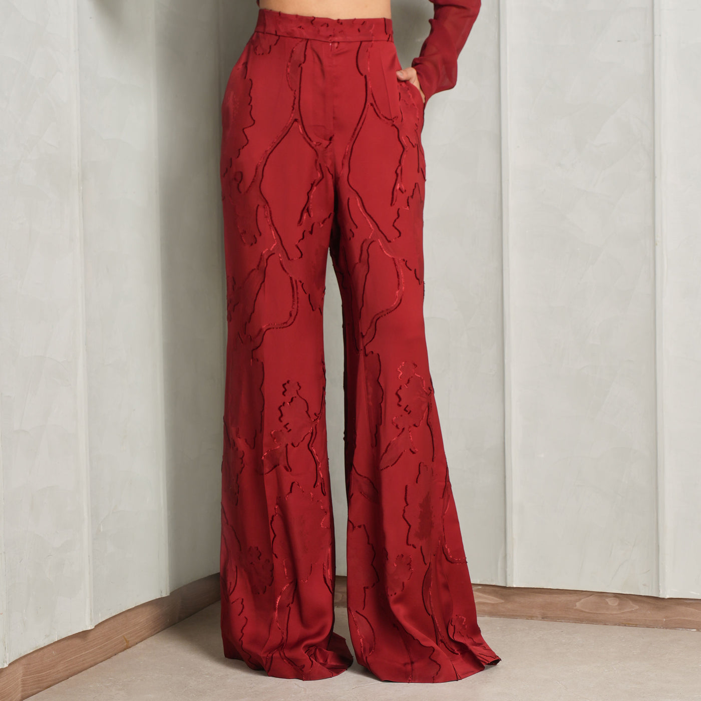 Red patterned pants by Elie Saab at Le Mill