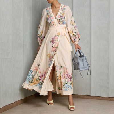 Zimmermann Halliday Wrap Midi Dress v neck long sleeves print flowers