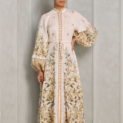 Zimmermann Golden Buttoned Midi Dress white full sleeves 