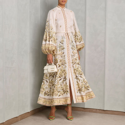 Zimmermann Golden Buttoned Midi Dress white full sleeves 