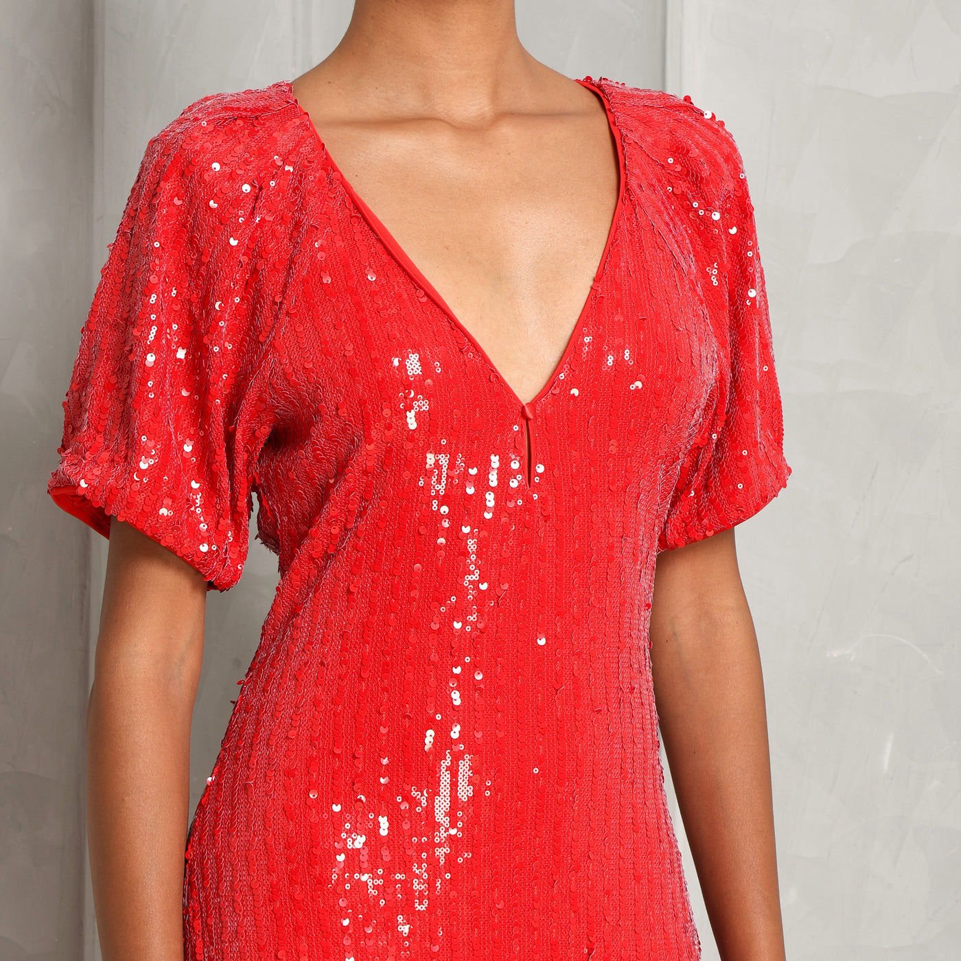 ROTATE Birger Christensen Red Sequins Midi V-Neck Dress