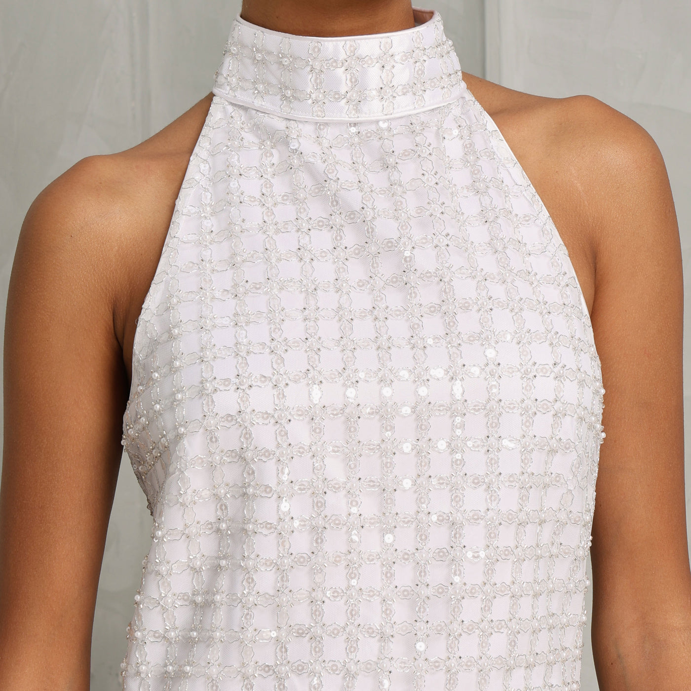 ROTATE Birger Christensen White Beaded Halterneck Dress