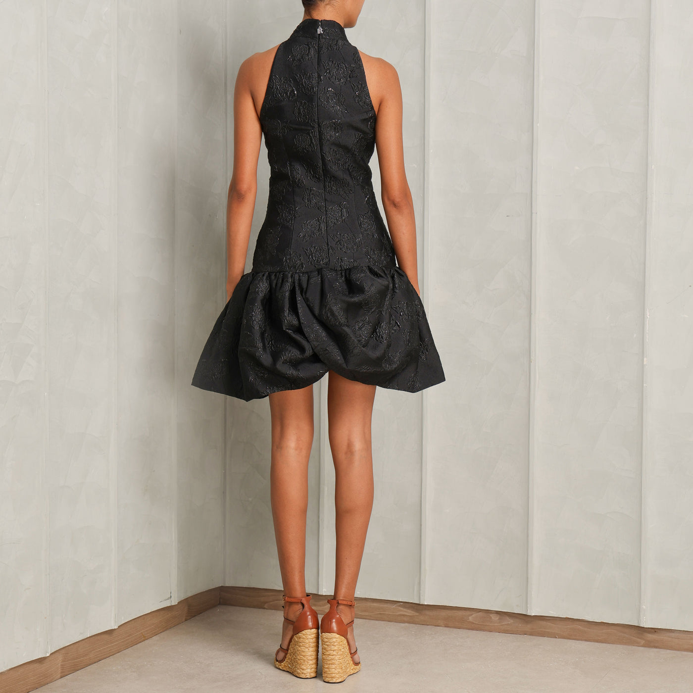 ROTATE Birger Christensen Black Jacquard Draped Dress