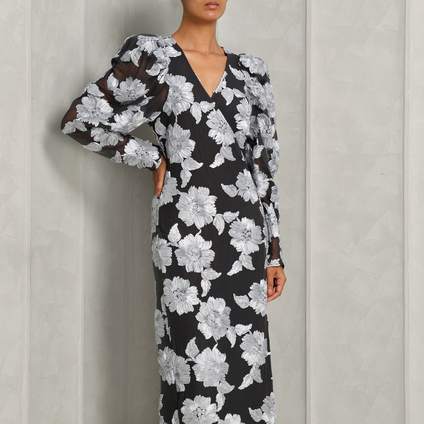 ROTATE Birger Christensen Black Flower Mesh Wrap Dress